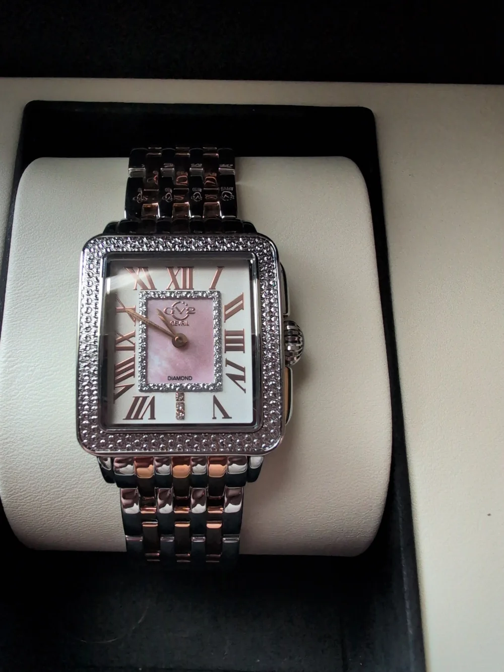 GeVril GV2 Women's Two-Tone Rose Gold and Silver Square Diamond Accent Watch
